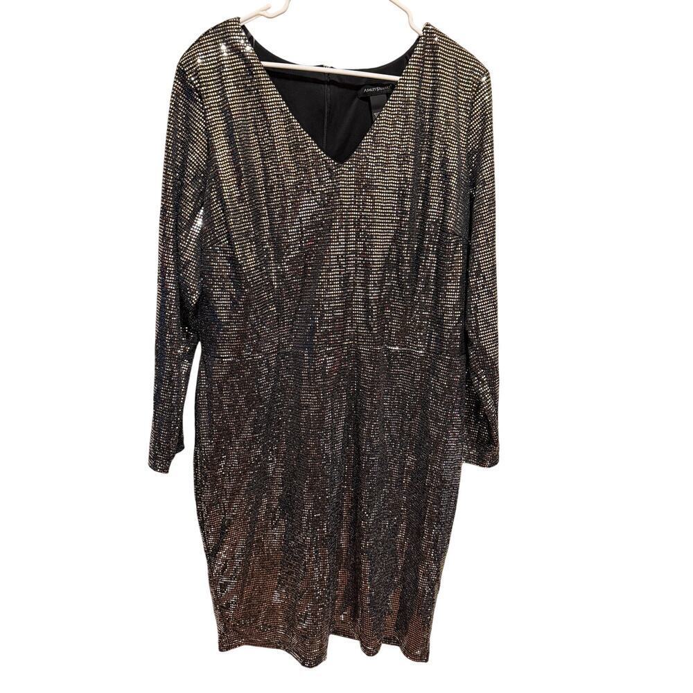 Ashley Stewart Sequin Long Sleeve Plus Size Dress Black Silver V-Neck sz 22/24